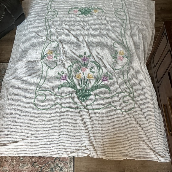 White Chenille Bedspread with Green Scrollwork and Pastel Floral Accents